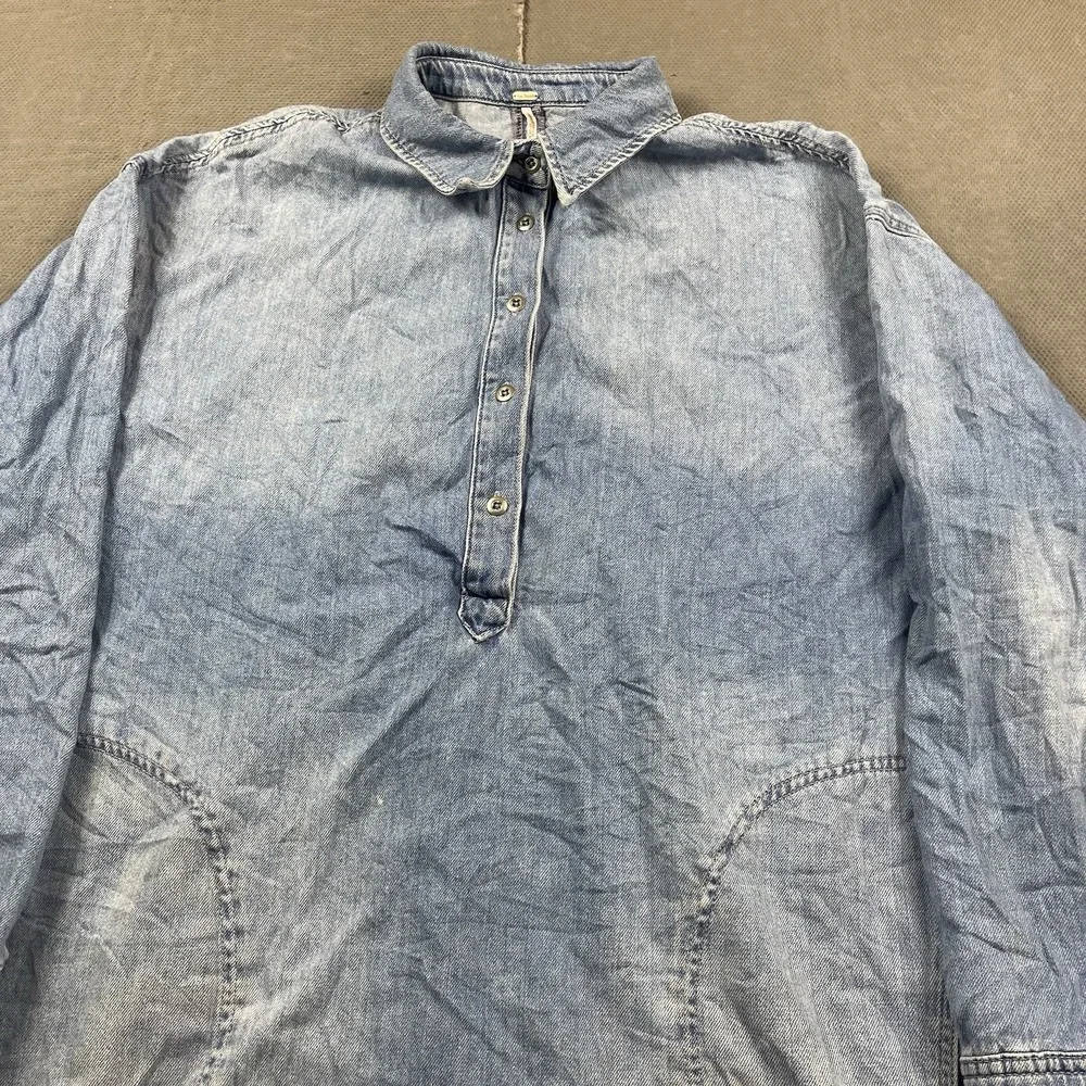Free People Jacket Womens Medium Blue Denim Long Chore Coat Button Henley Dress - Picture 2 of 14